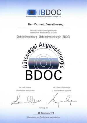 Gütesiegel Augenchirurgie (BDOC) für Dr. med. Daniel Herzog