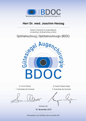 Gütesiegel Augenchirurgie (BDOC) für Dr. med. Joachim Herzog